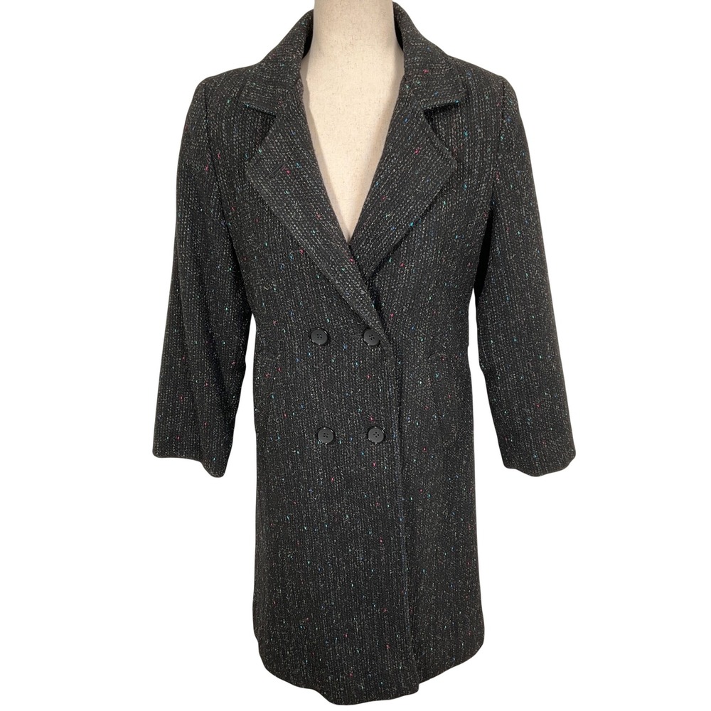 Rothschild Coat Womens 14 Black‎ Multi Fleck Pleat Double Breasted Belt Wool VTG